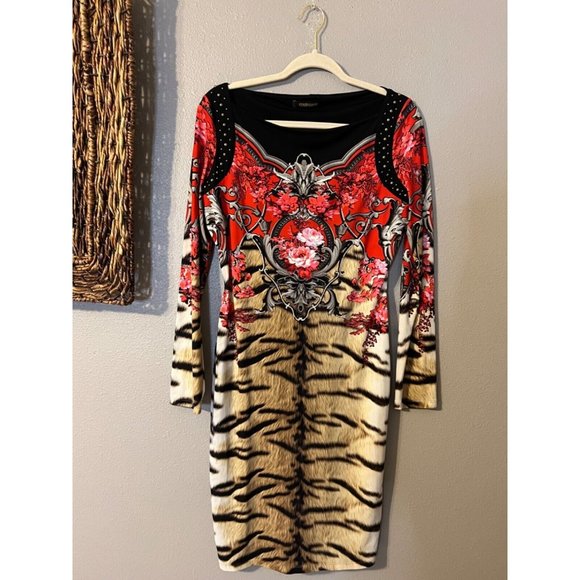 Roberto Cavalli Dress Long Sleeve Stretch Silk Animal Flowers Small Luxury $1250 - Picture 7 of 12